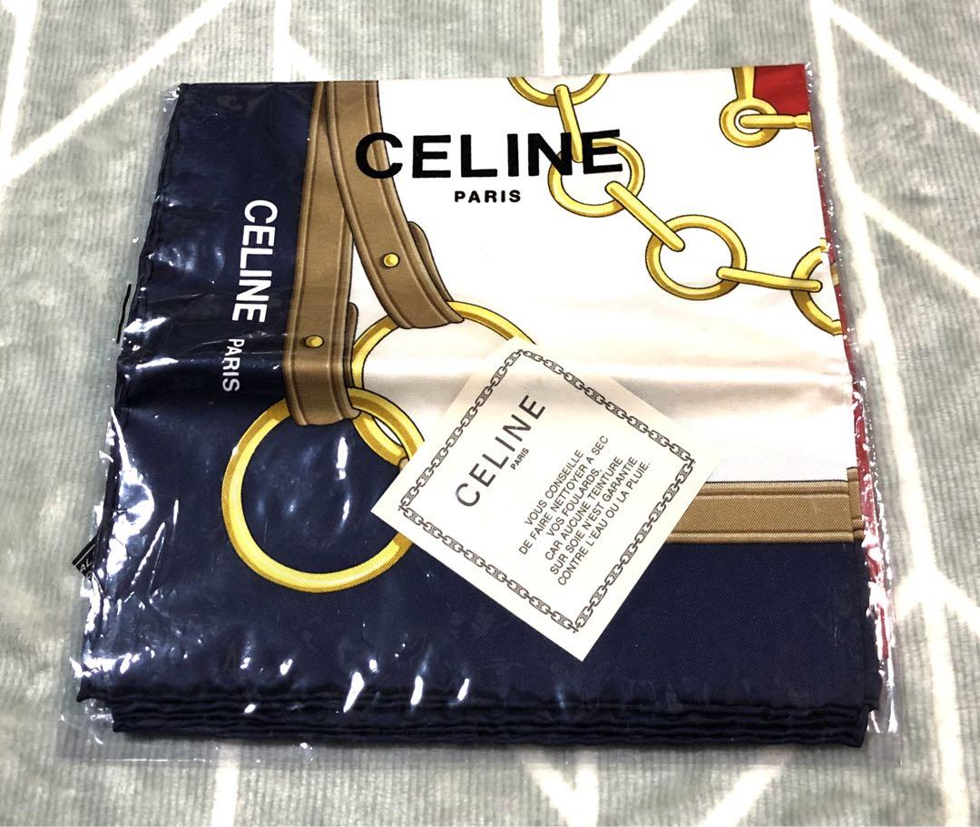 極美品未使用☆CELINE セリーヌ☆シルクスカーフ ネイビー/レッド