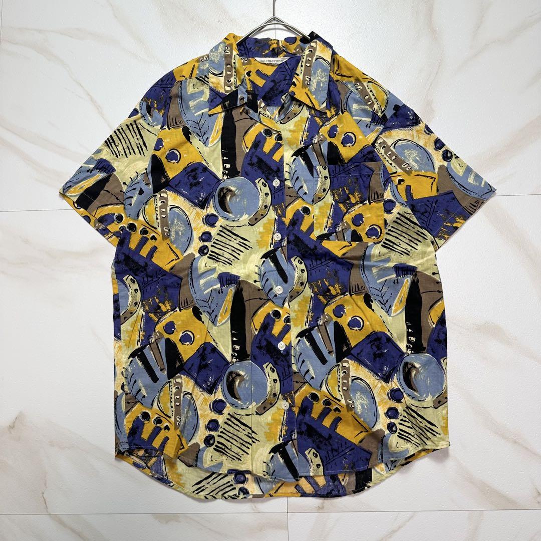 ブラウス　半袖シャツ　柄シャツ　総柄　マルチカラー　青　黄色　オープンカラー　L