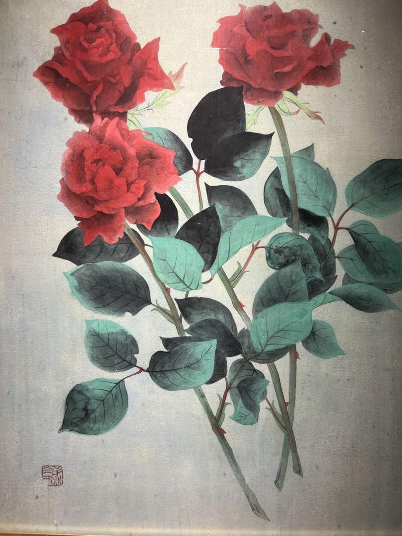 日本画【赤い薔薇】肉筆　直筆印あり
