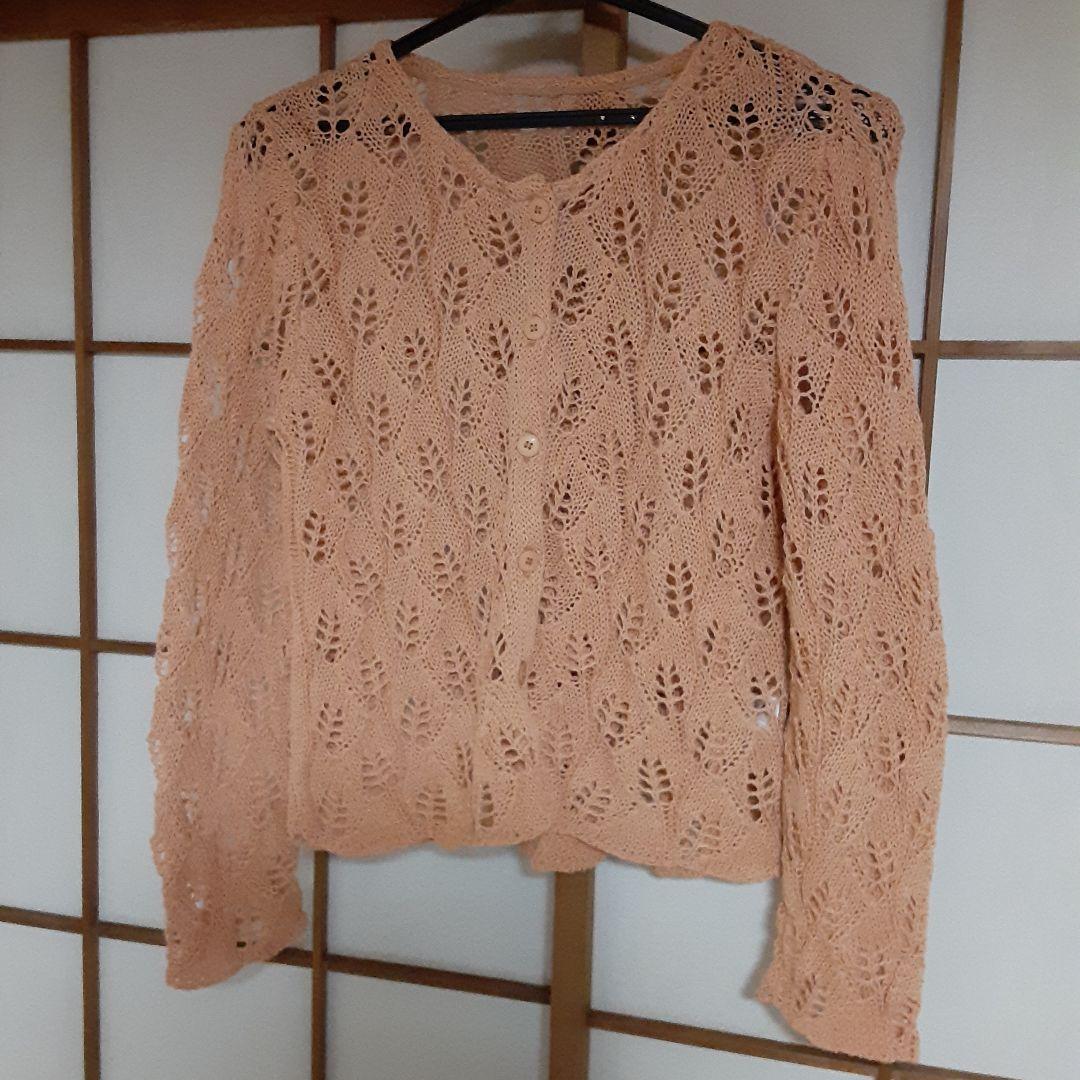 オレンジ レース編み 長袖カーディガン