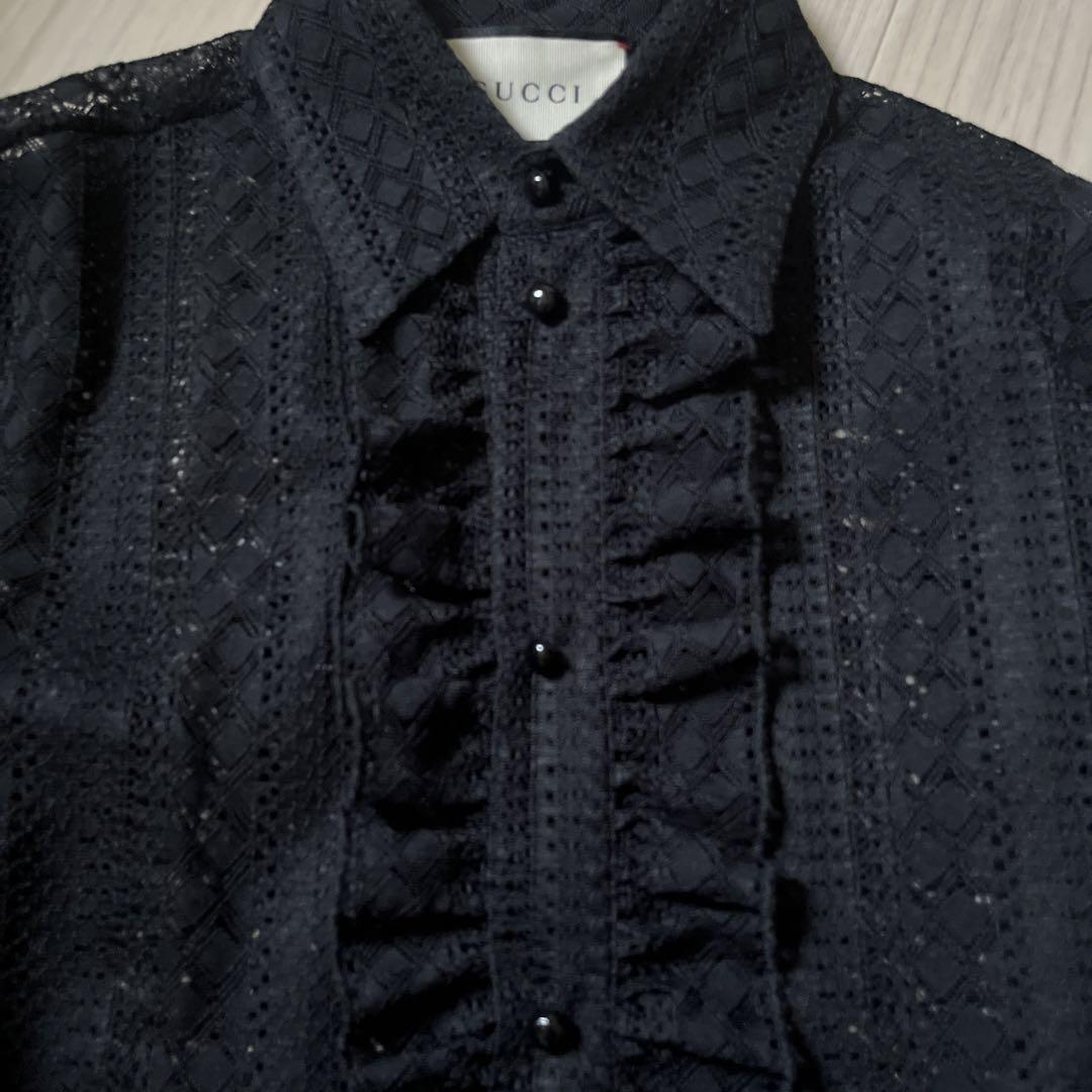 GUCCI グッチ シルク パターン フリル レース シャツ ブラウス 画像4