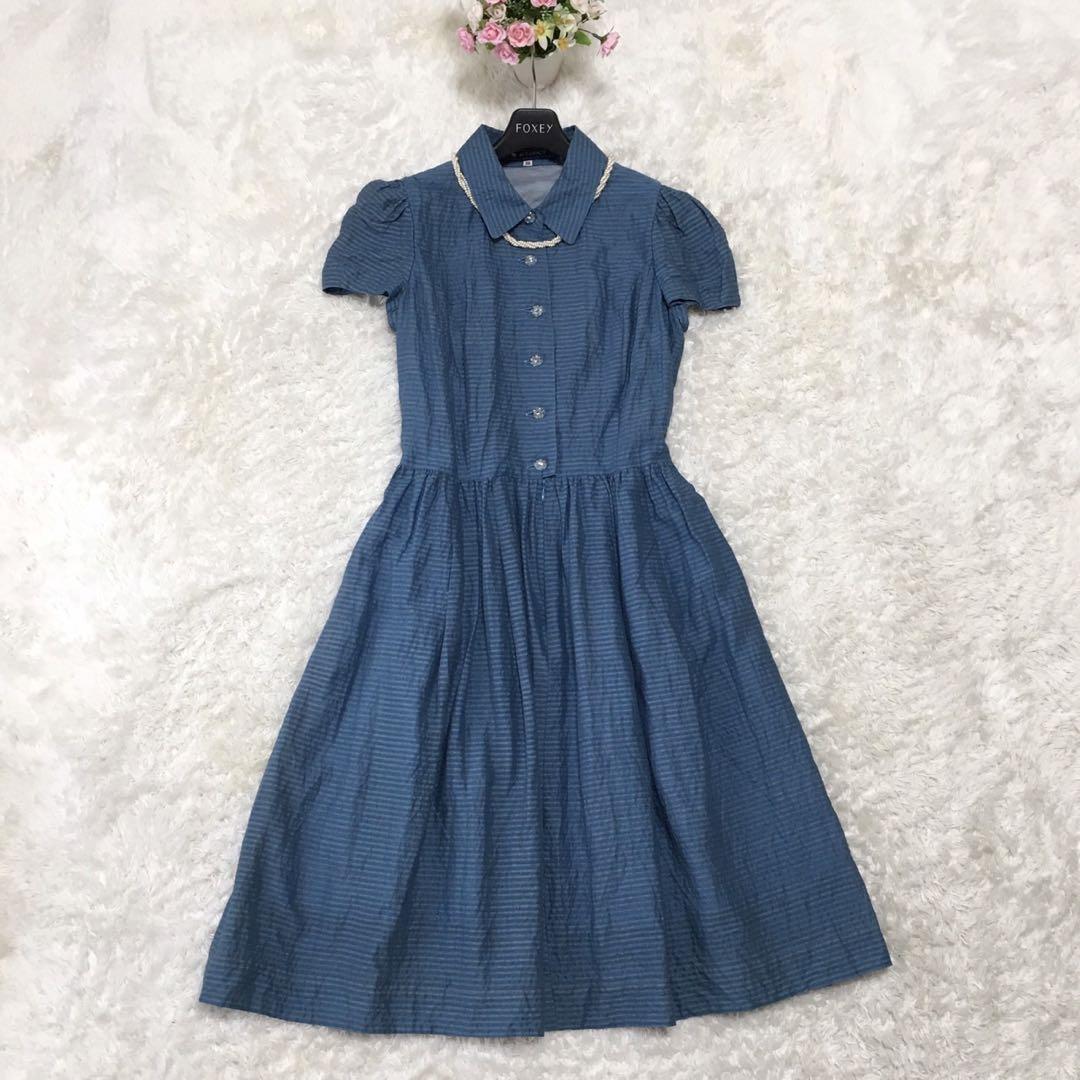 直送商品 美品☆エムズグレイシー 膝丈ワンピース フレア ストライプ