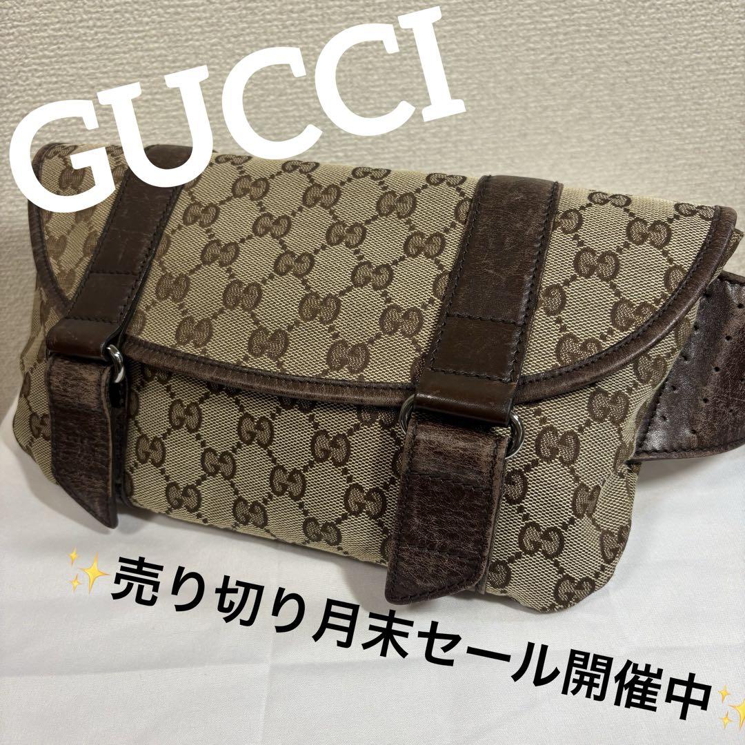 GUCCI グッチ ボディバッグ ウェストバッグ GGキャンバス レザーブラウン