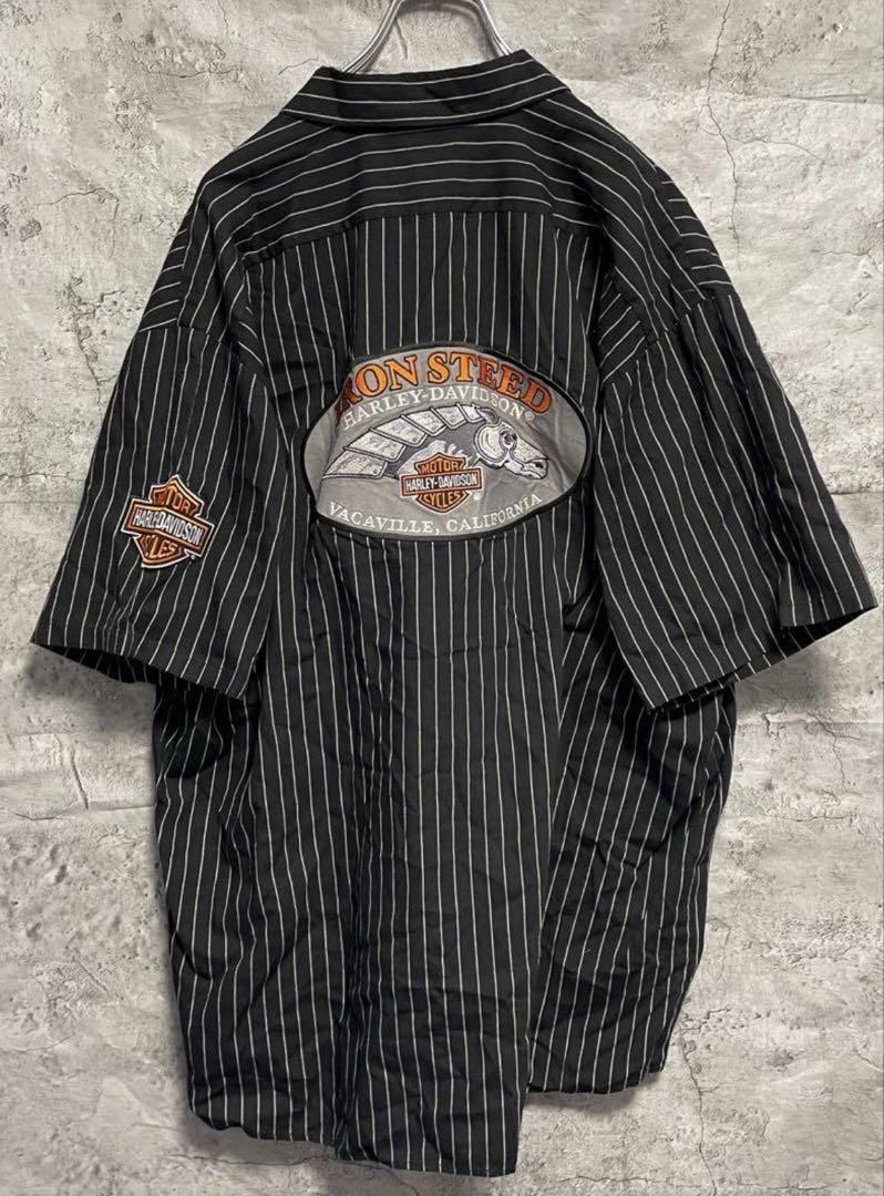 HARLEY DAVIDSON ワッペン ストライプ 半袖シャツ XL 刺繍 10,000円