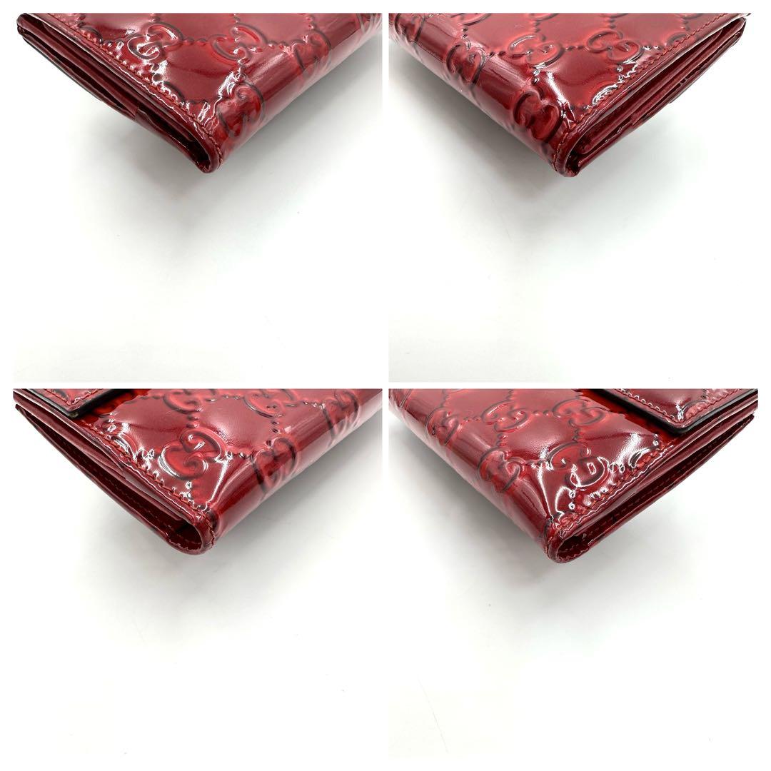 【美品】グッチ 長財布 二つ折り GG ハート 金具 エナメル レザー