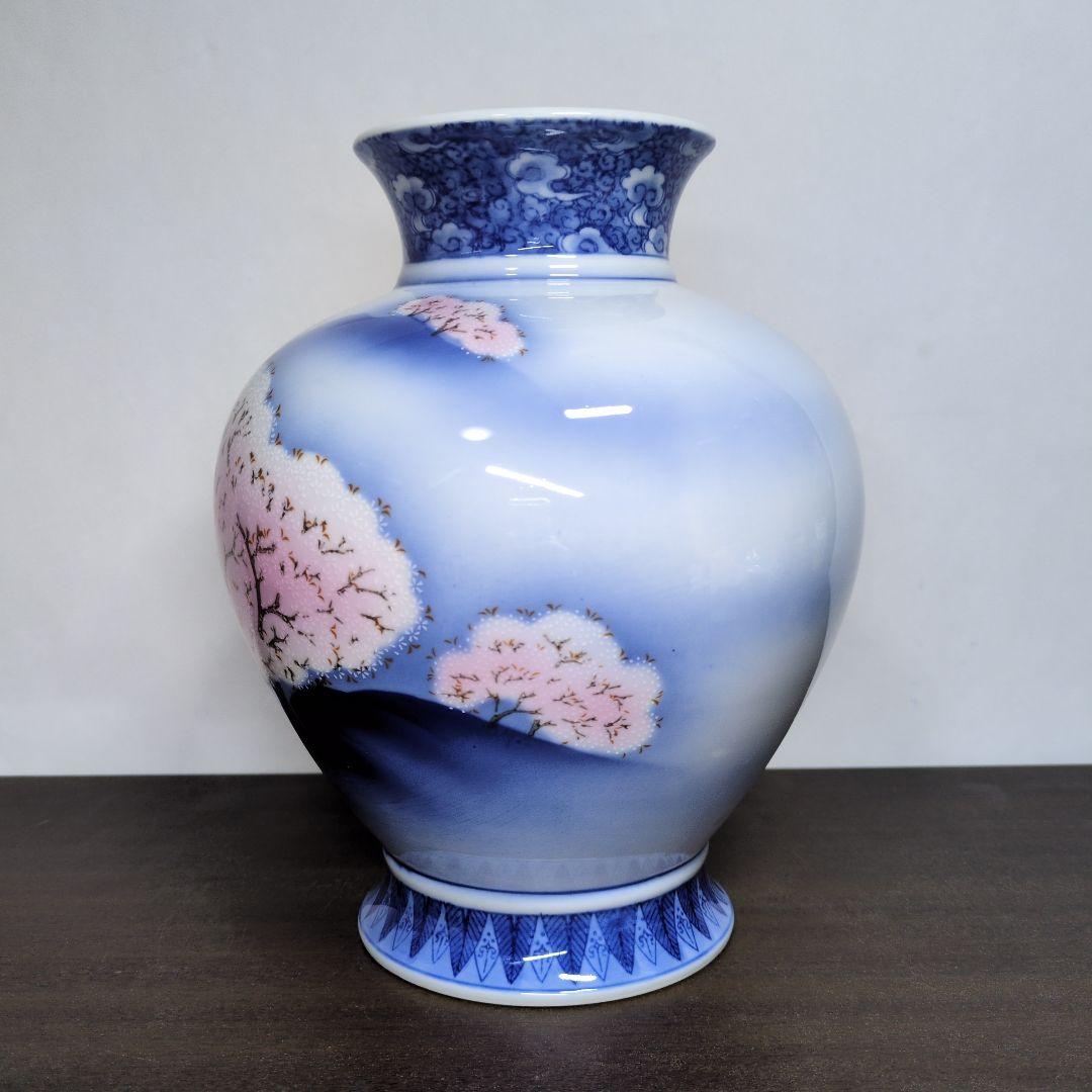 深川製磁 色絵 山水桜文 花瓶 高さ約22.5cm