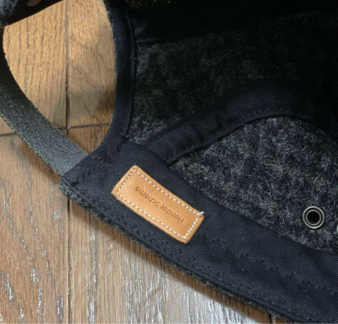 極美品 Hender Scheme ツイード スエード ジェットキャップ 黒×灰