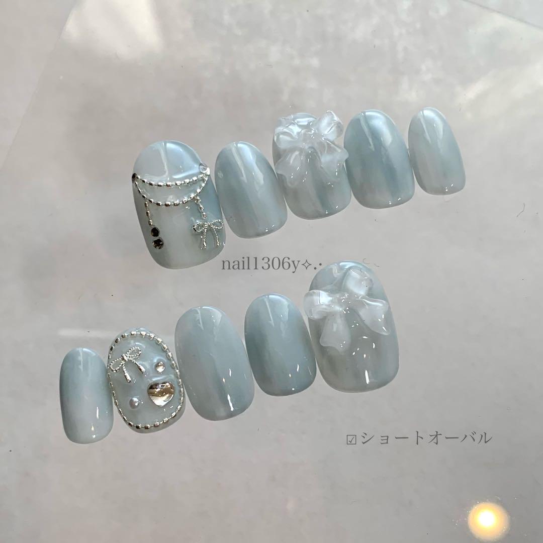 104))フレンチガーリー ホワイト リボン ネイルチップ ブルー ニュアンス