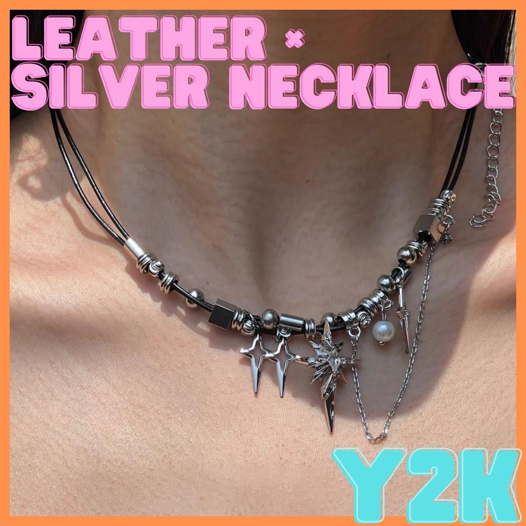 シルバー ネックレス Y2K フェアリー グランジ ダブルレザー
