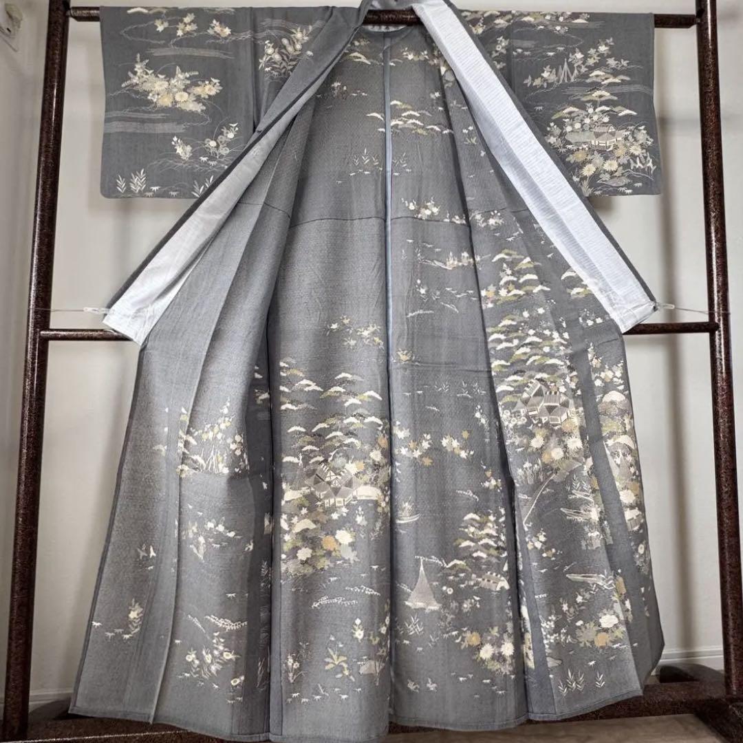 大人 可愛い 服  超美品 しょうざん 着物 単衣 訪問着 グレー 単 正絹 157 生紬 着物・浴衣