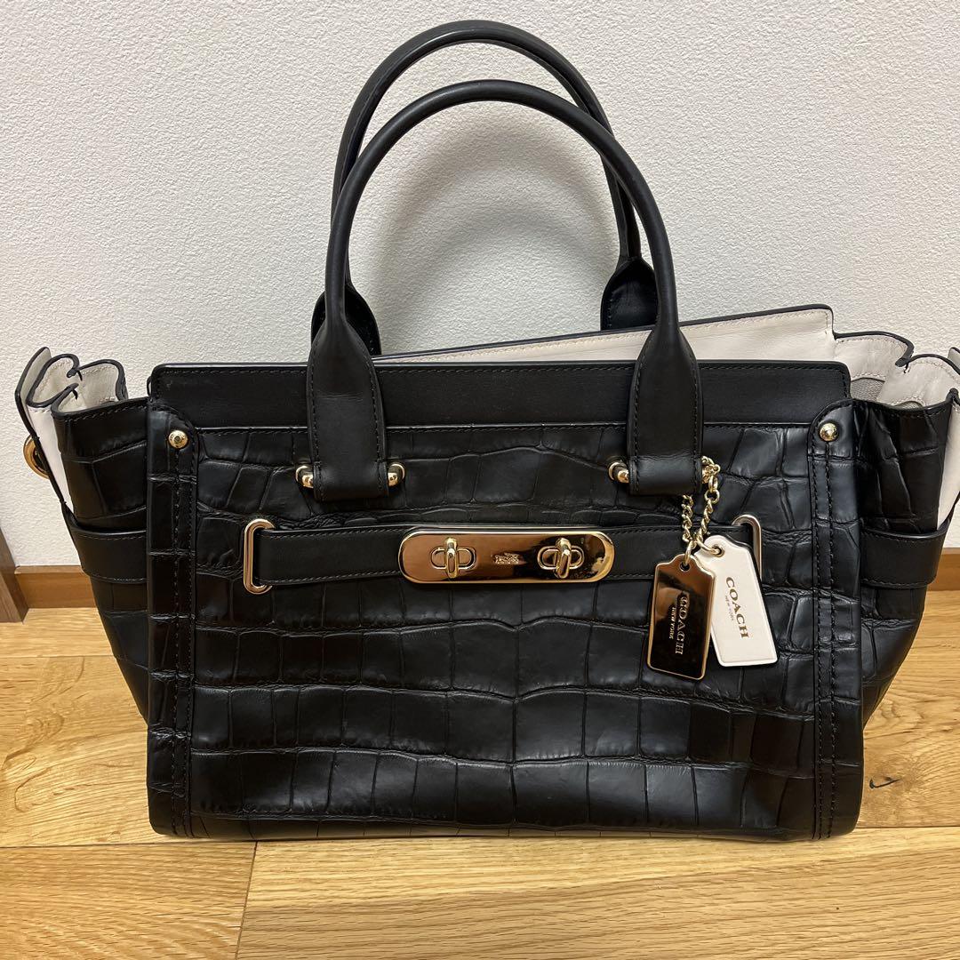 COACH ブラック レザートートバッグ コーチ ブラックレザートートバッグ クロコダイル風 2way - メルカリ