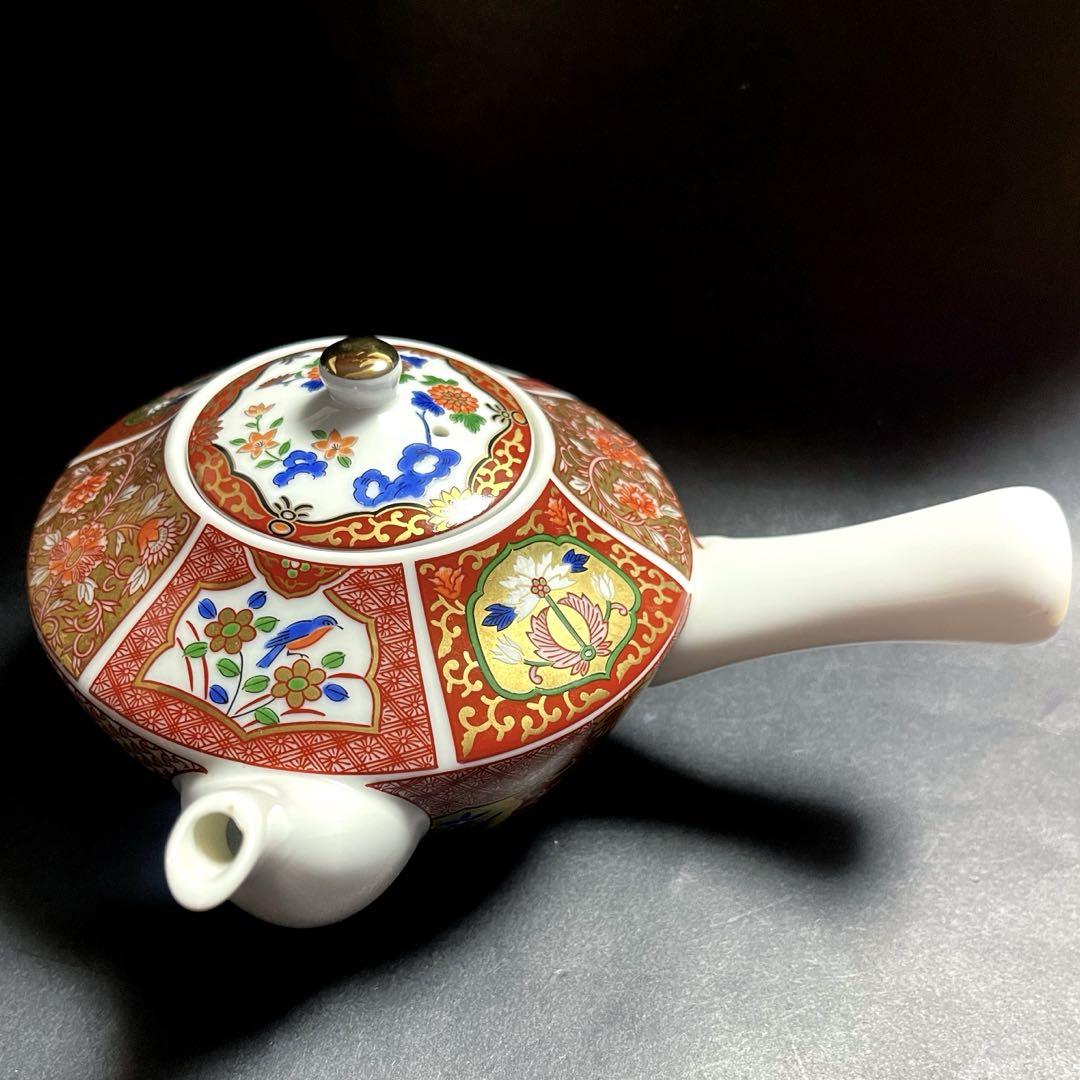 擬古紫砂壺 茶器セット刻印あり／金彩文字／ヴィンテージ湯呑み5客＋急須＋注ぎ器 紫砂 茶壷 急須 帯網付き 日本茶（深蒸し茶）用帯網急須