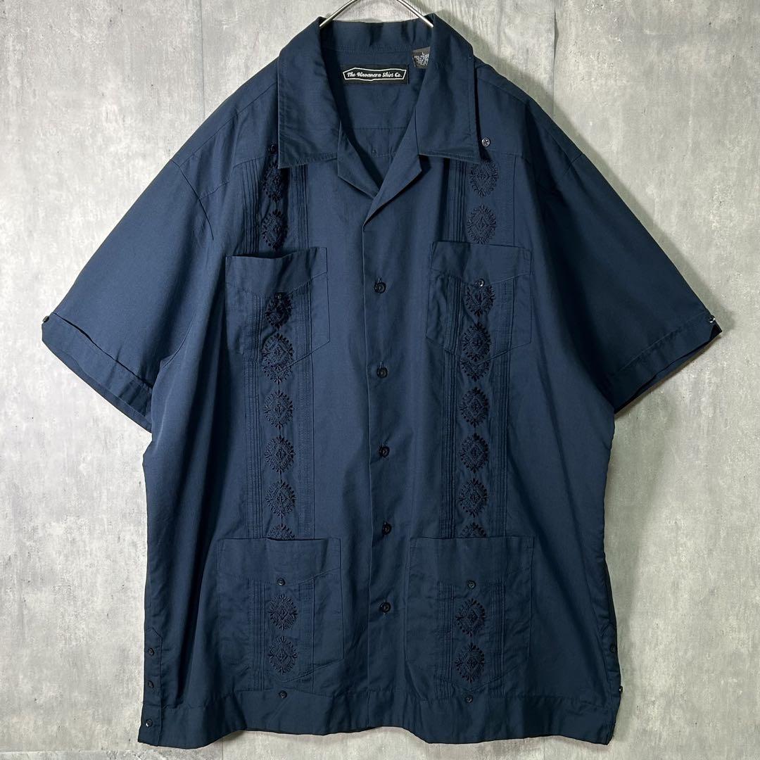 havanera 刺繍 キューバシャツ 紺 オープンカラー L