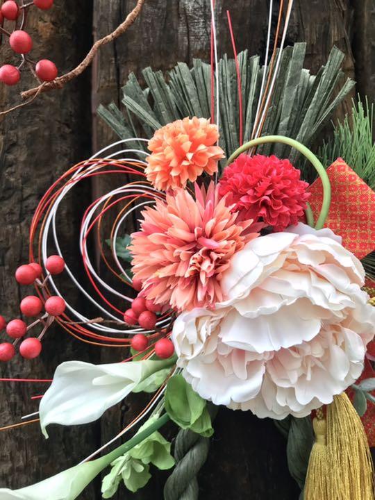 限定2点】芍薬×ピンポンマムの瓢箪型お正月しめ縄飾り//福寿