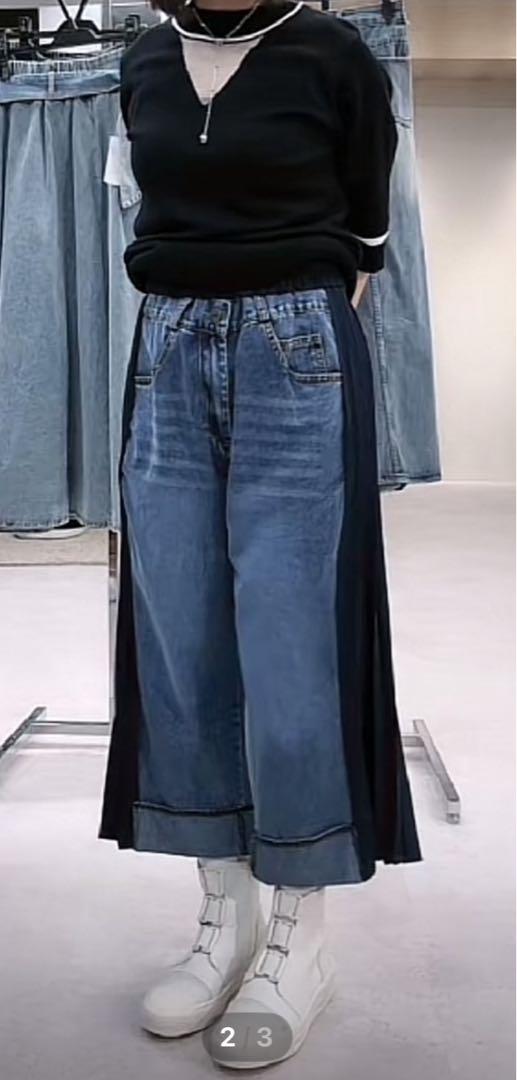 【アビトーキョー18年ガウチョ】サイドプリーツデニムパンツ - ブラック