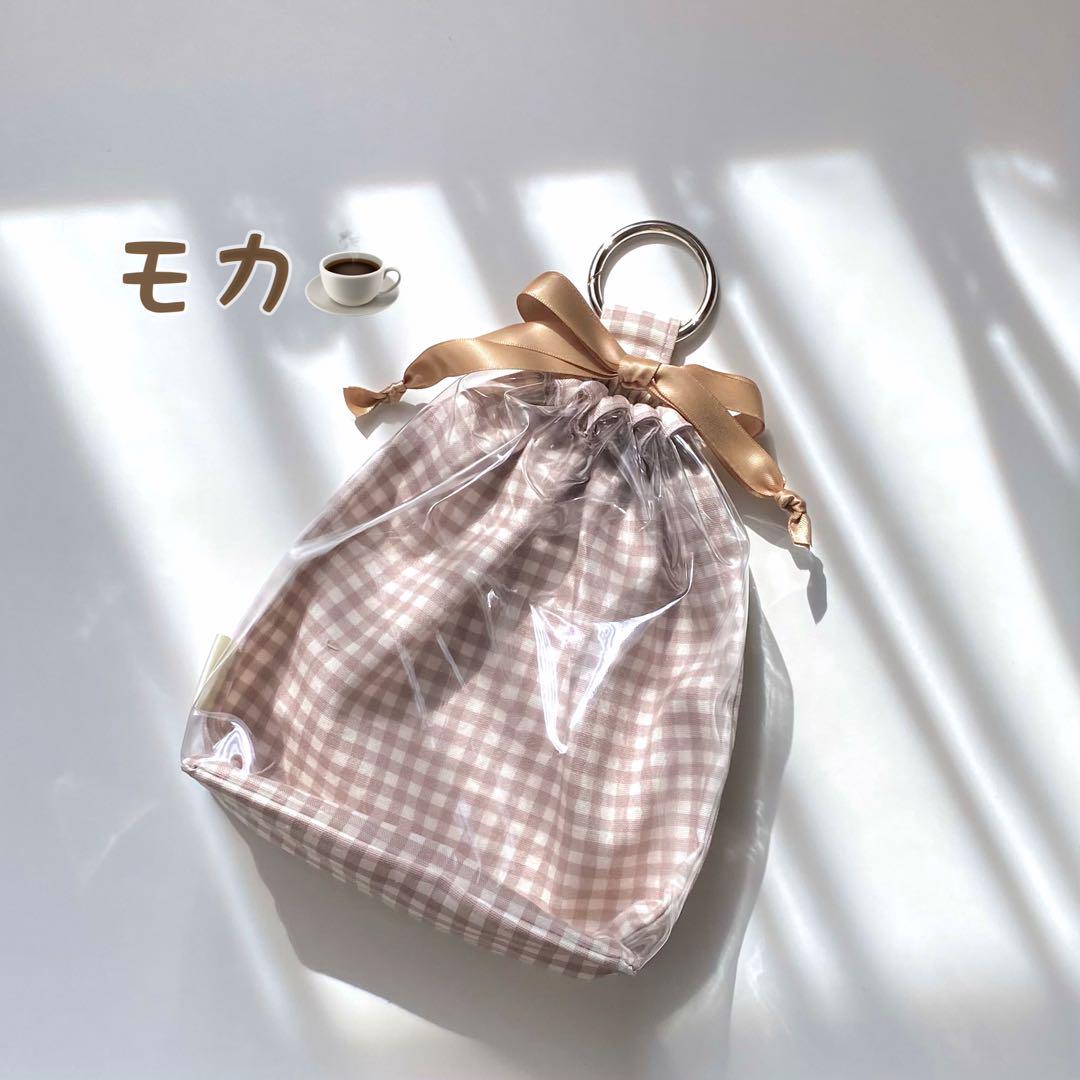 前面クリアぬい巾着｜ちびぬい 透明 ハンドメイド チェック柄 窓 ぬいポーチ