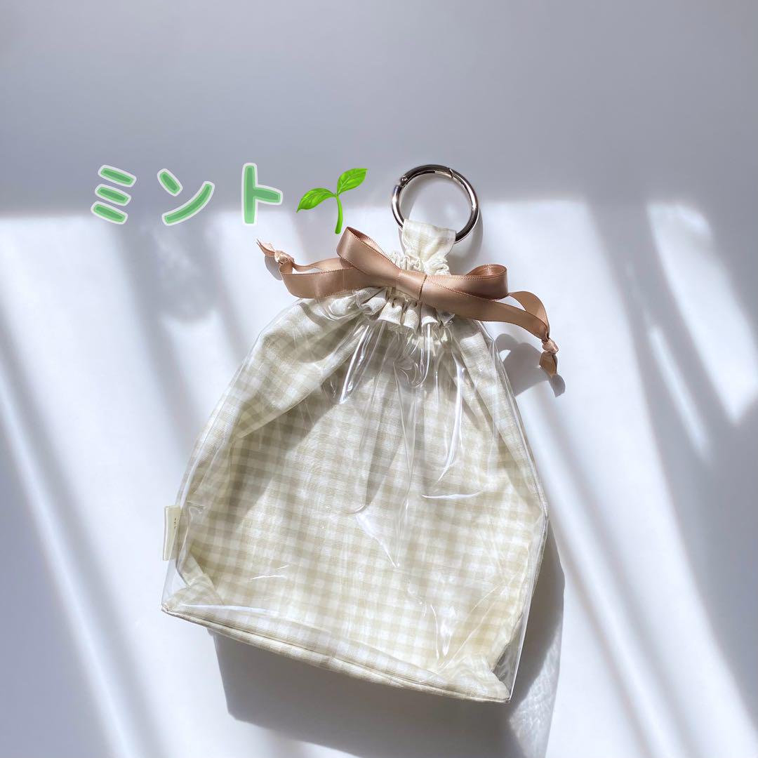 前面クリアぬい巾着｜ちびぬい 透明 ハンドメイド チェック柄 窓 ぬいポーチ