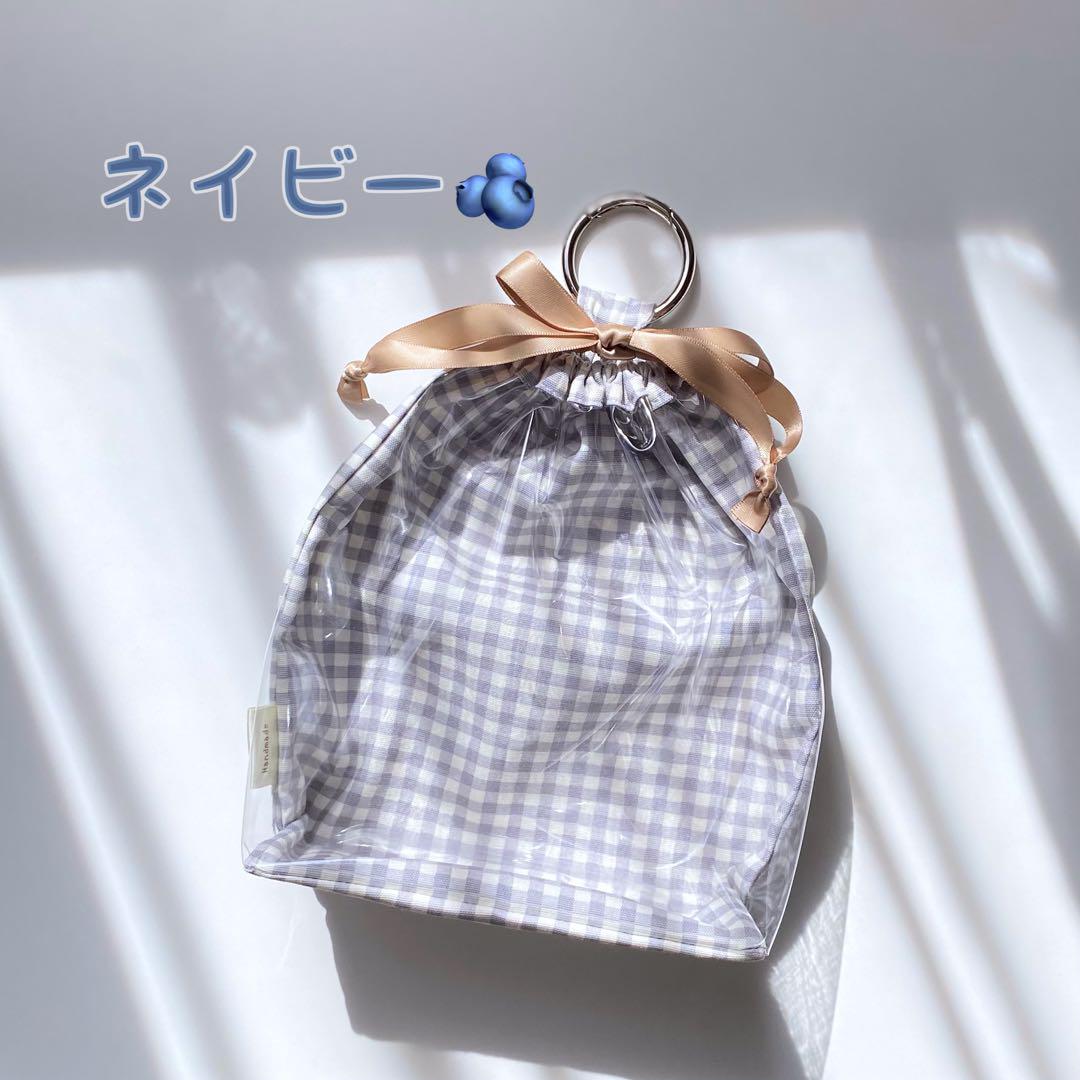 前面クリアぬい巾着｜ちびぬい 透明 ハンドメイド チェック柄 窓 ぬいポーチ