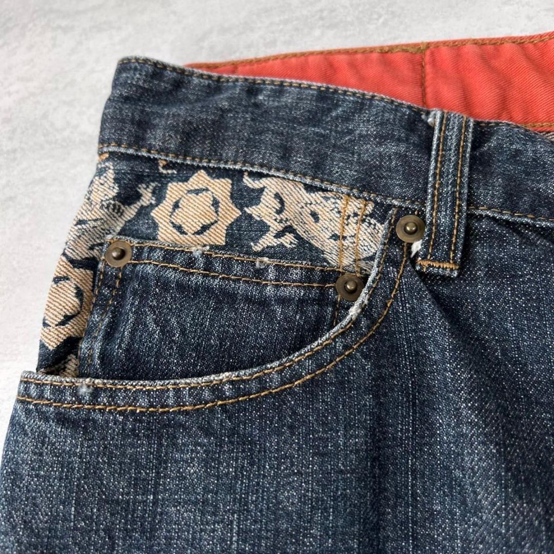 絡繰魂 刺繍 デニム ハーフパンツ 34サイズ