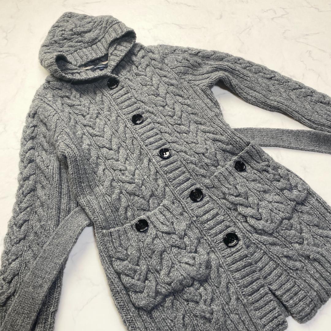 バーバリーロンドン アルパカ混 ケーブルカーディガン ベルト フード 1 グレー