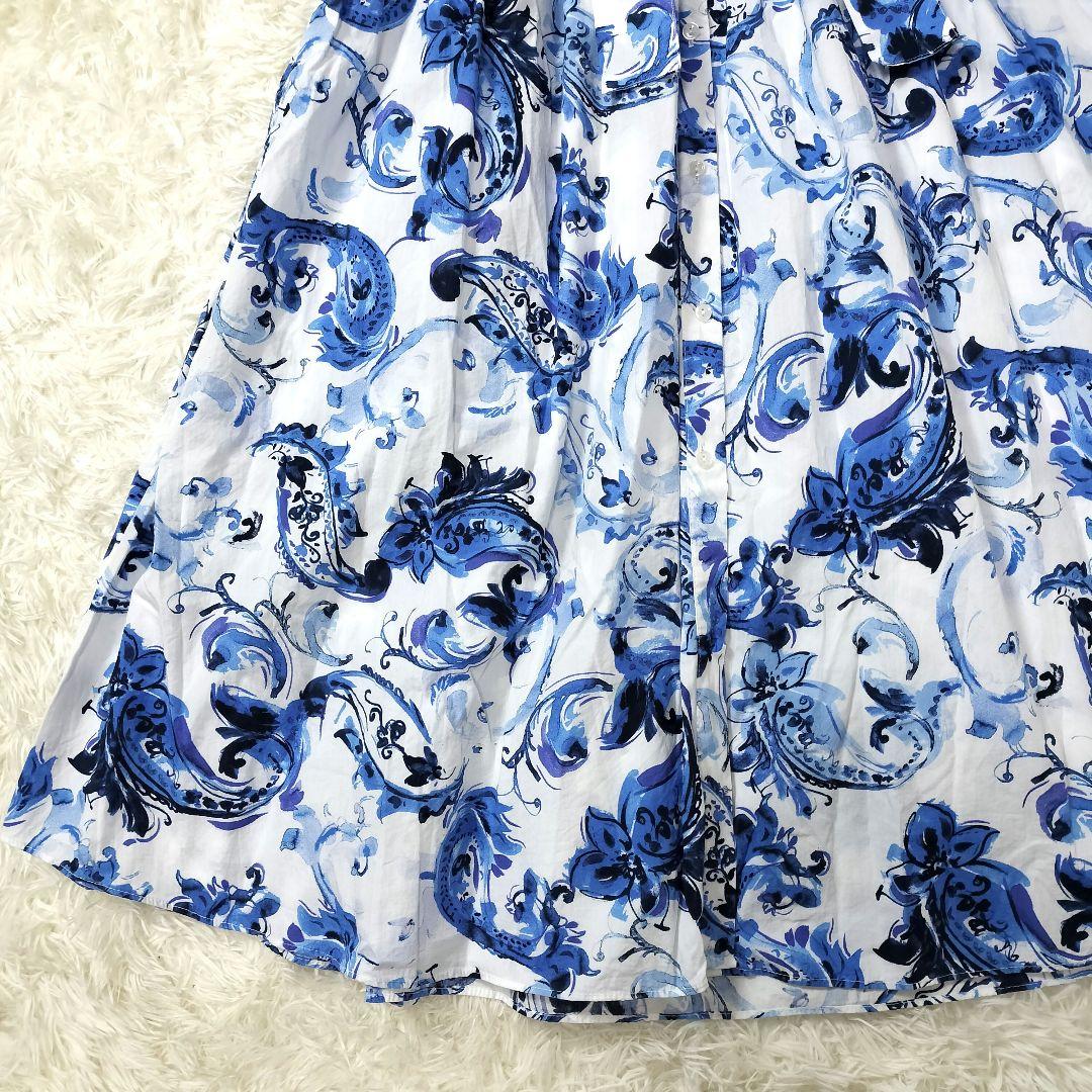 【美品⭐大きいサイズ】ザラ　ロングワンピース　花柄　Aライン　ベルト付き　青　白