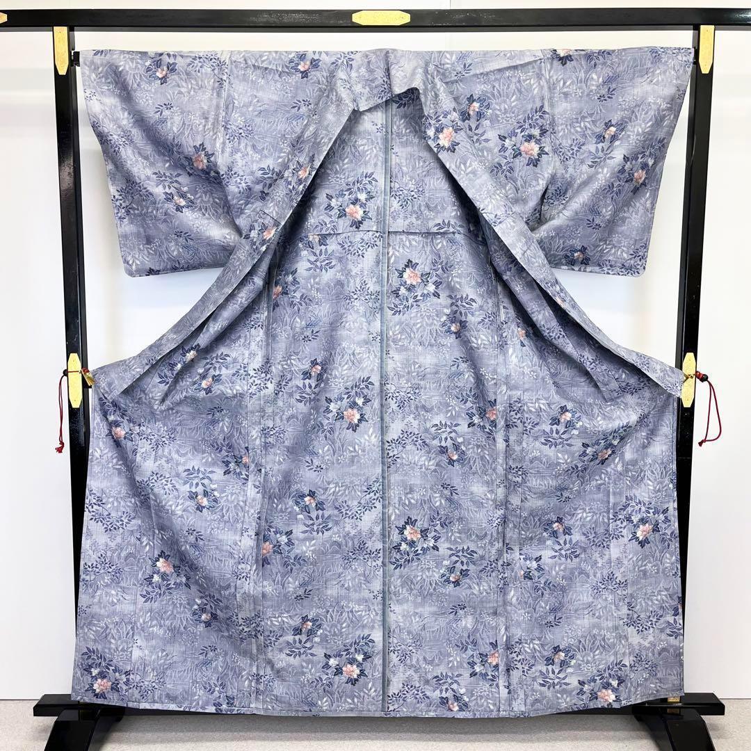 単衣 小千谷紬 花柄模様 証紙付 薄藍色 しつけ糸 K-3790