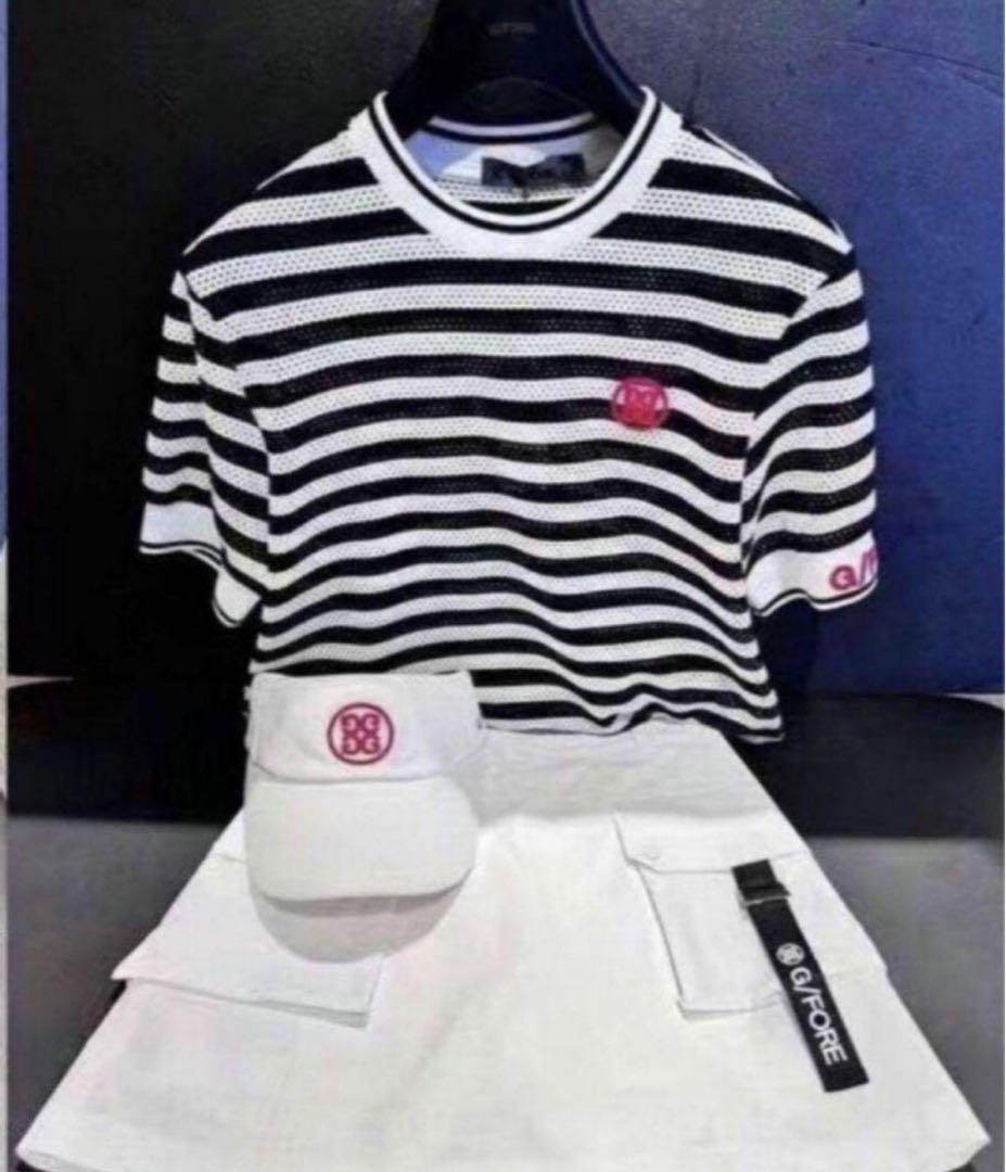 ジーフォア ゴルフ レディース トップス 半袖 Tシャツ ストライプ 黒
