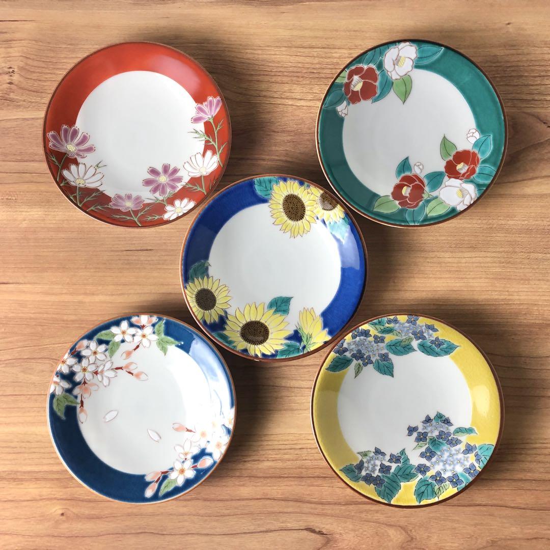 贅沢品 4.6号皿 新品 九谷焼 四季の花 5枚 小皿 食器