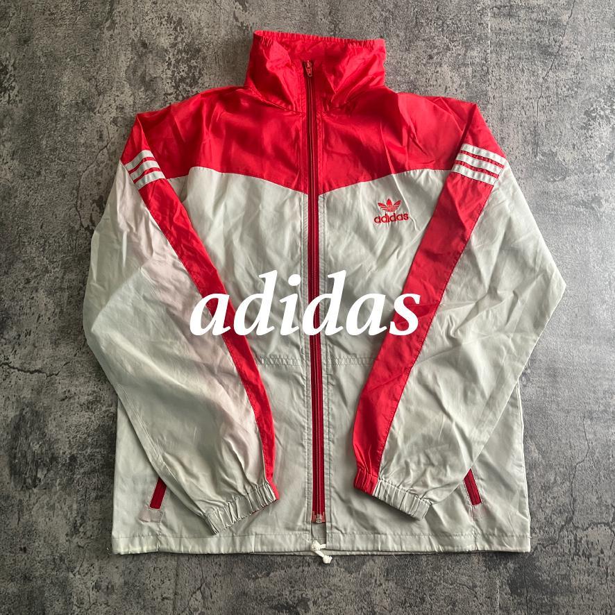 adidas レッド レトロデザイン スタンドカラー ナイロンジャケット