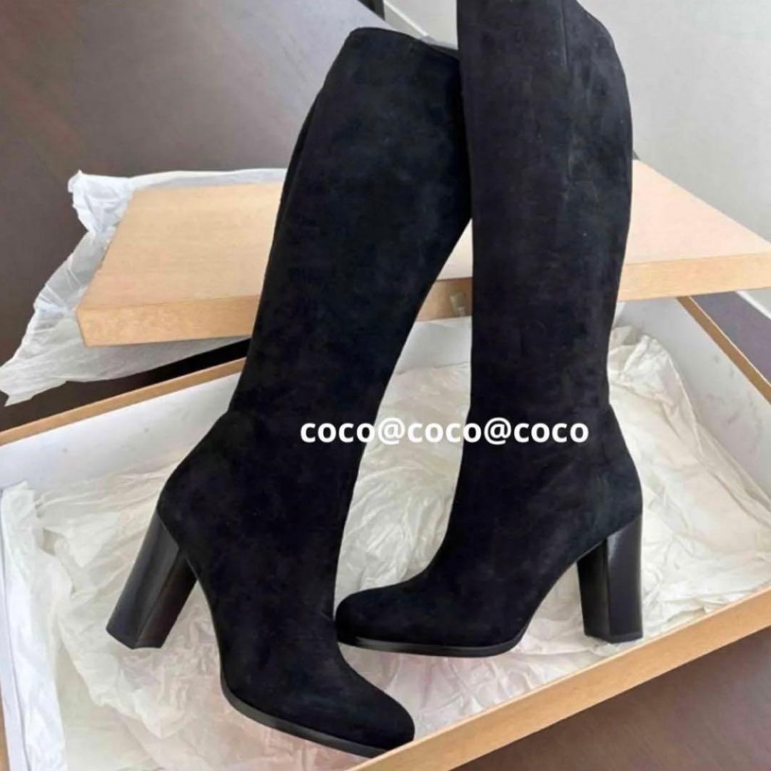 伊勢丹ルブタン購入　黒スエード　チャンキーヒールロングブーツ 伊勢丹ルブタン購入 黒スエード チャンキーヒールロングブーツ