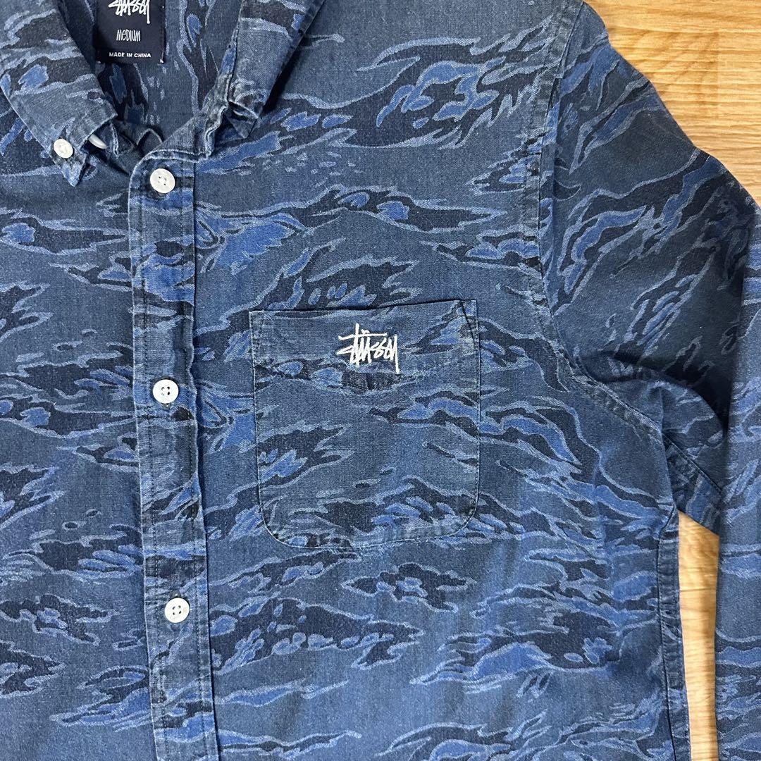Old Stussy ダークブルー タイガーカモフラージュ長袖シャツ　Mサイズ