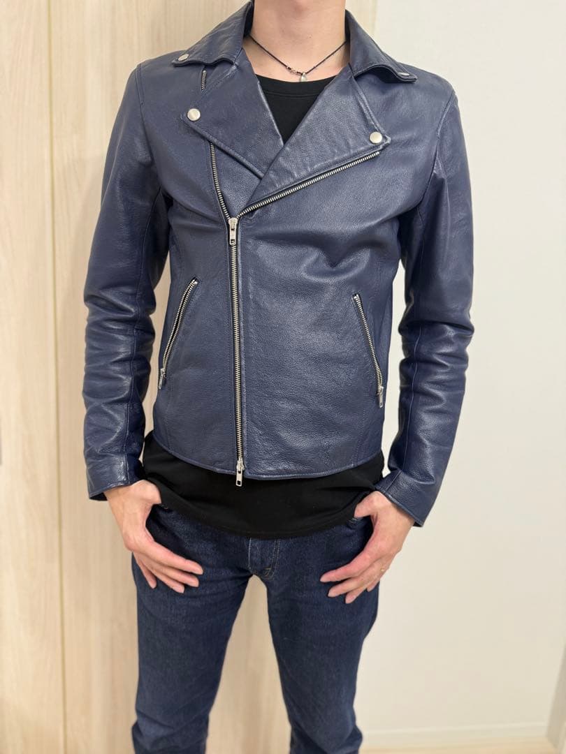 ネイビー レザー ライダースジャケット