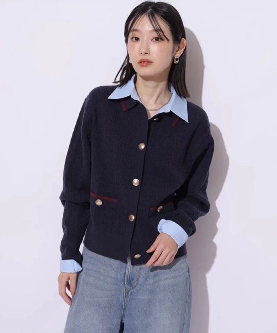 新品 衿付き ケーブル ニット ジャケット 白 ミント 紺 赤茶 新品 衿付き ケーブル ニット ジャケット 白 ミント 紺 赤茶