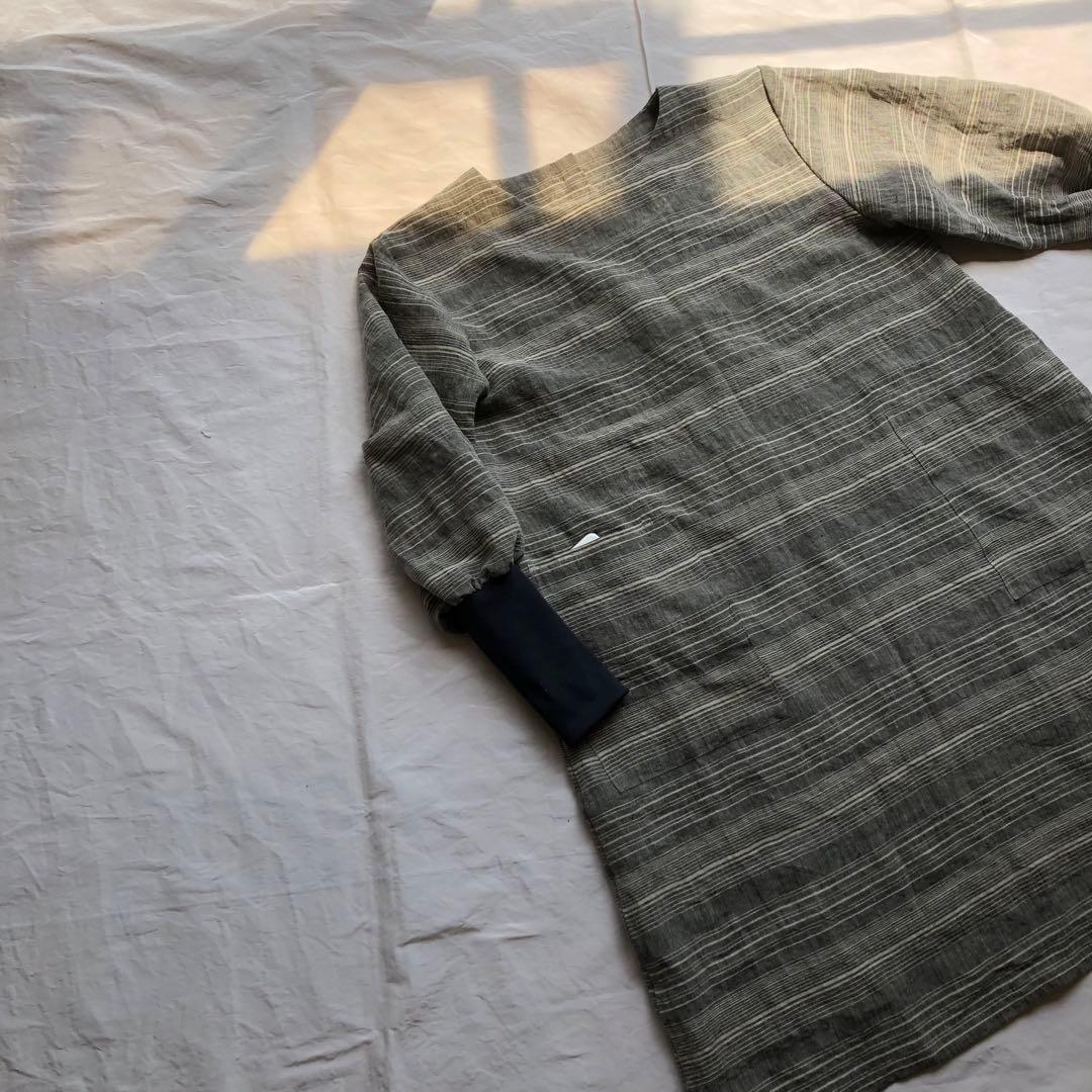 sickボーダー】linen上質滑らか微ワッシャー*リブ袖口かっぽう着