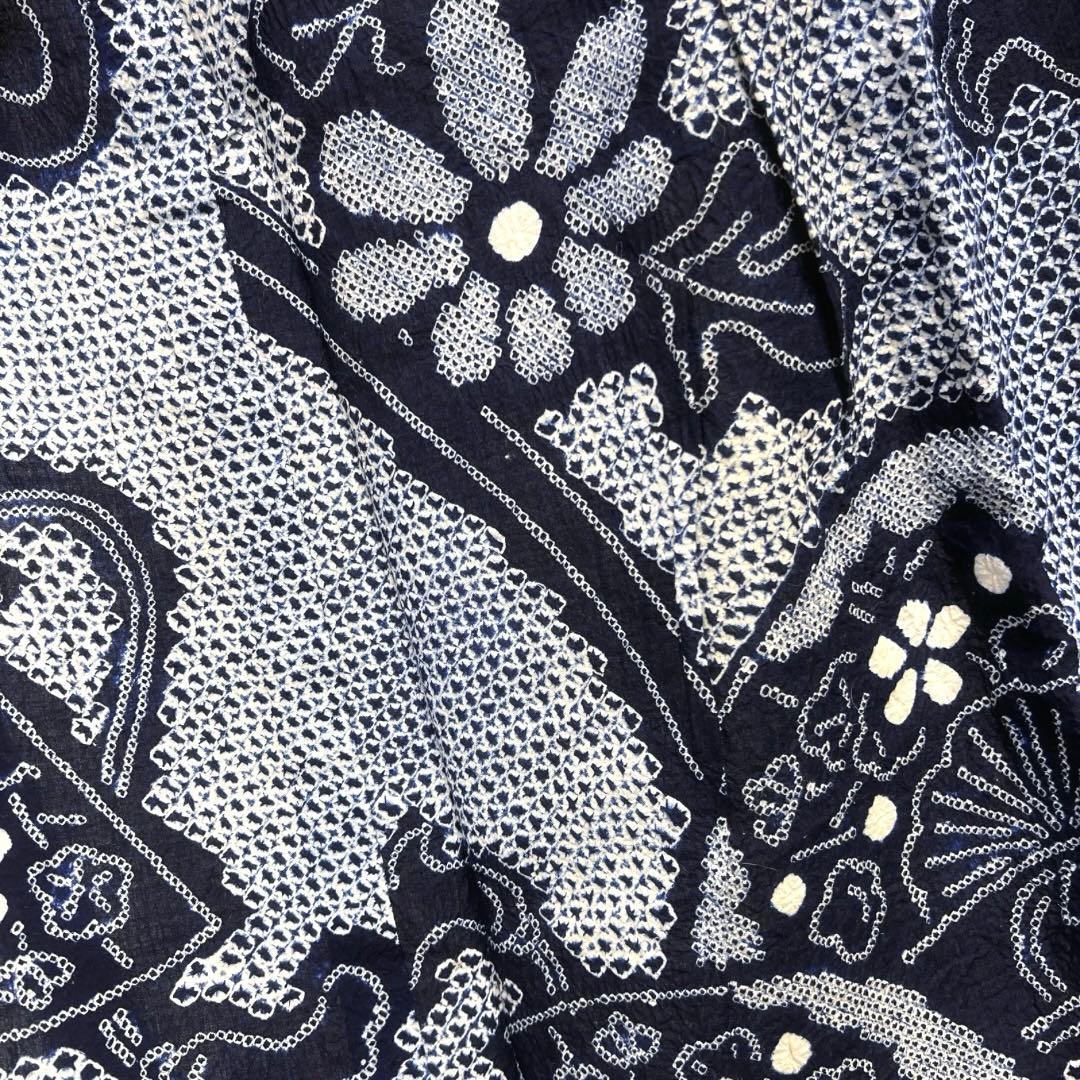 浴衣 有松鳴海絞り 花模様 扇 水引 藍染 ネイビー 着物 063a d 浴衣 有松鳴海絞り 花模様 扇 水引 藍染 ネイビー 着物 063a d