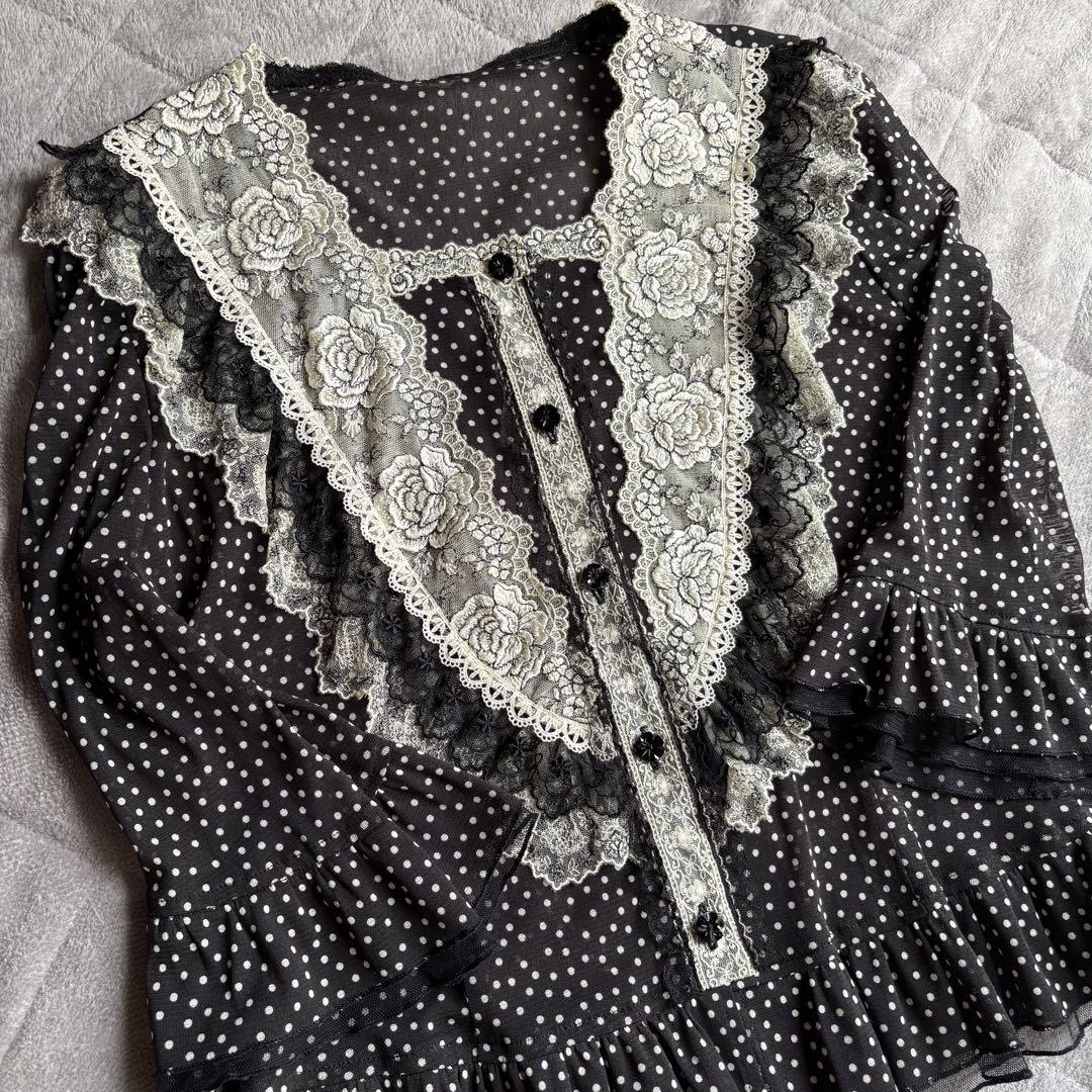 美品　へっぽこ先生　レース　チュール　フリル　刺繍　ブラウス　黒　M