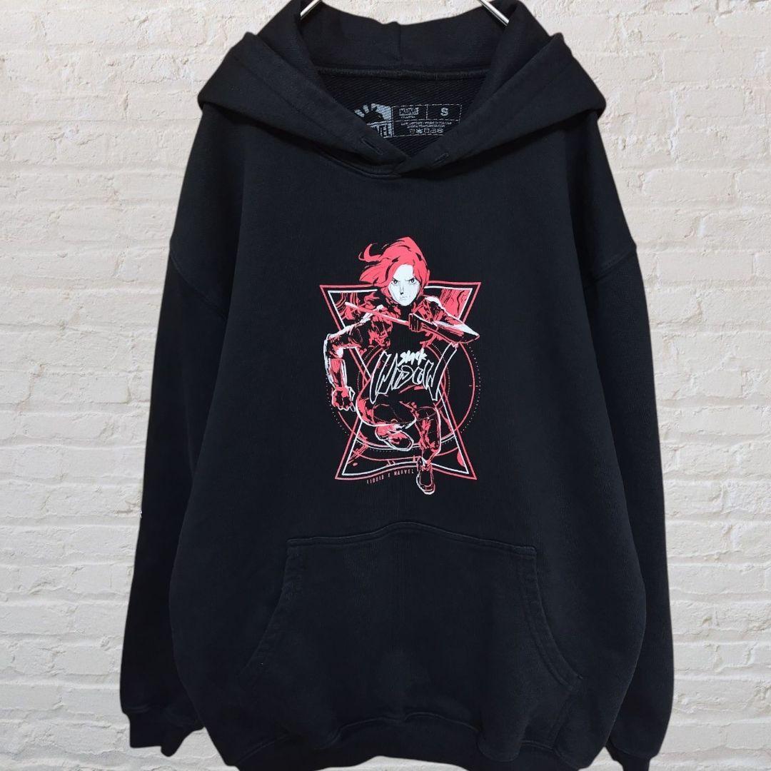 MARVEL BLACK WIDOW レア プリント パーカー アーム ロゴ 黒