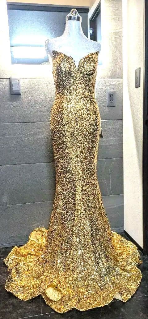 ゴールド スパンコールマーメイド コンテストドレス 7号 9号M