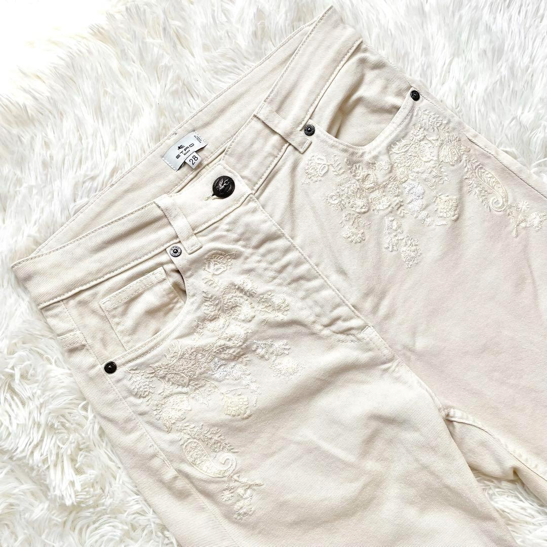 【美品】ETRO フラワー刺繍ハイウエスト ストレートジーンズ　28インチ