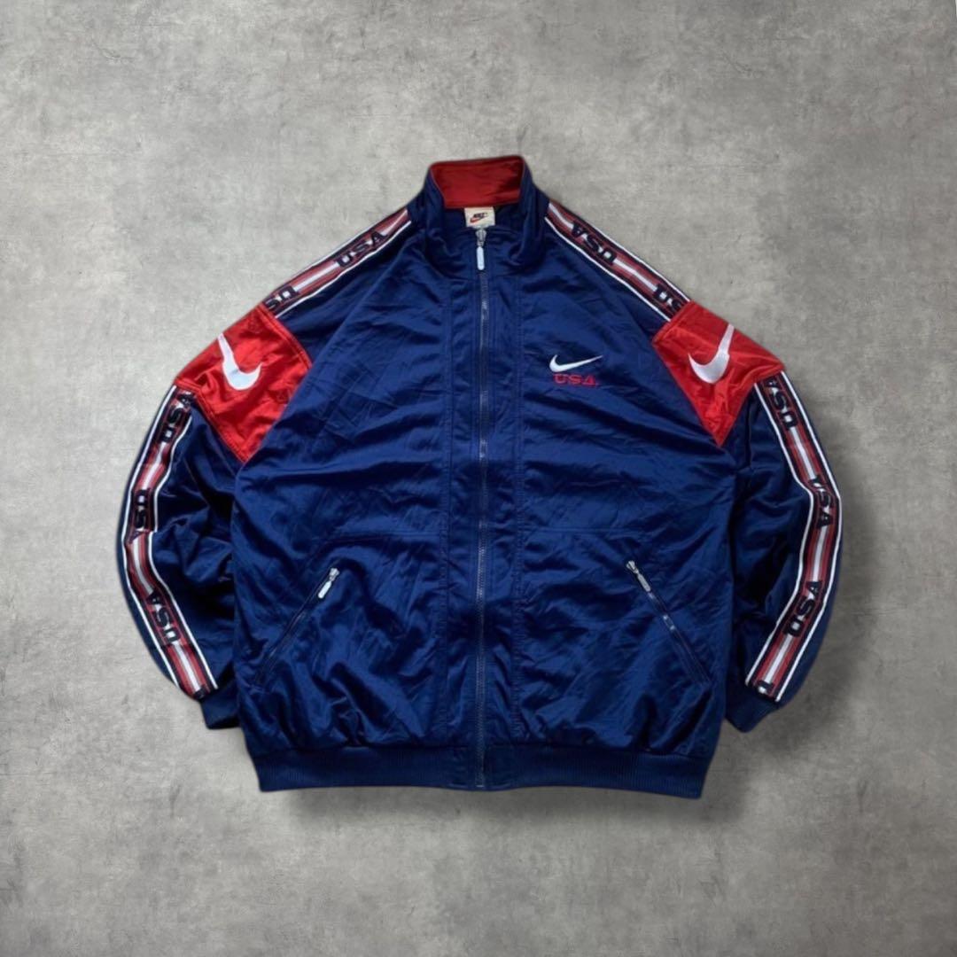 90s銀タグナイキNIKE古着トラックジャケットUSAテープロゴネイビーR573L NIKE