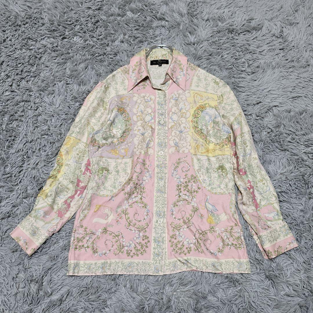 【エトロ】 40 長袖シャツ 総柄シャツ シルク100% 高級感 レトロ