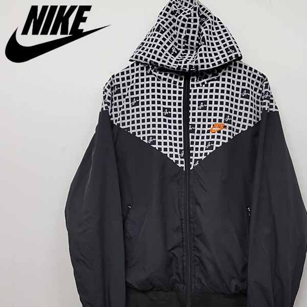 【古着】ナイキ NIKE ナイロンジャケット 刺繍ロゴ ブラック×チェック