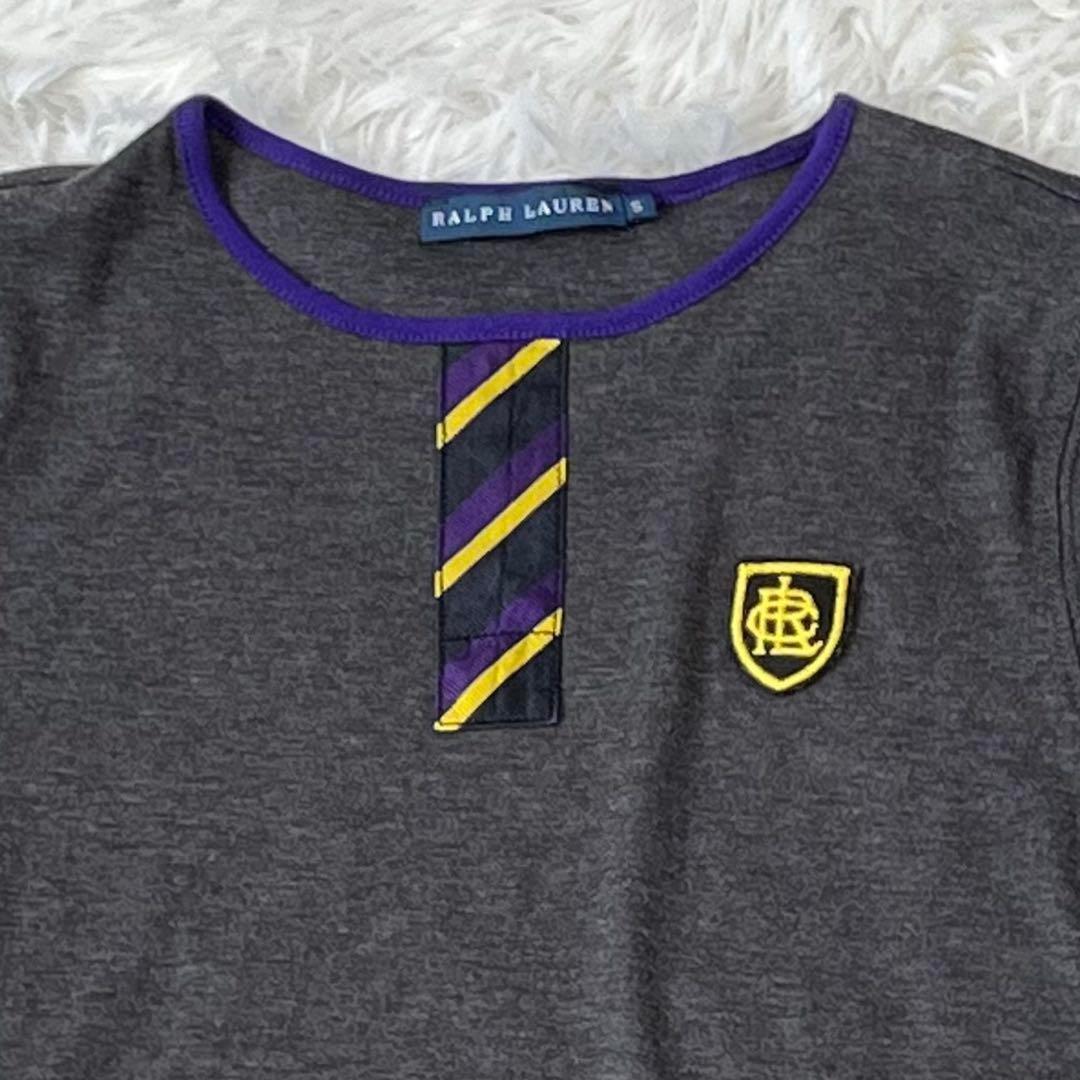 ラルフローレン シルク混 Tシャツ エンブレム S ストライプ グレー
