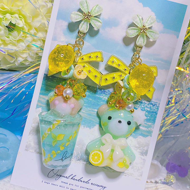 ハンドメイド ピアス レジン レモネード ドリンク くま テディベア