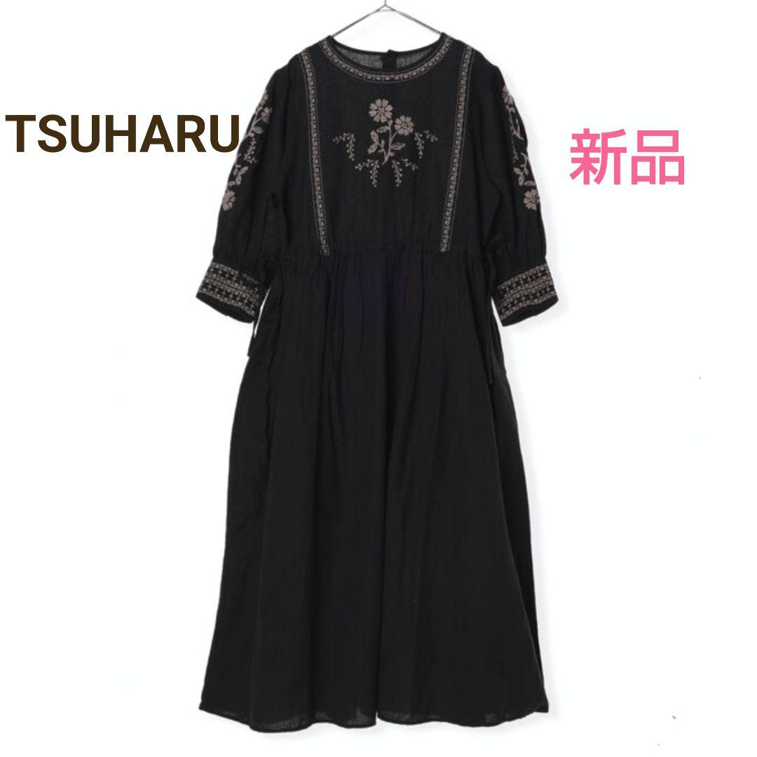 ツハル 配色刺繍ワンピース ブラック