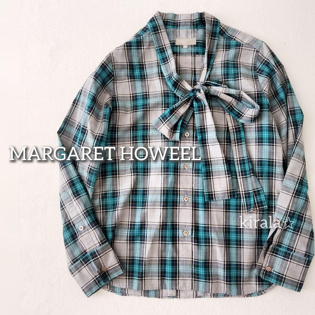 美品 マーガレットハウエル ボウタイ チェックシャツ 長袖
