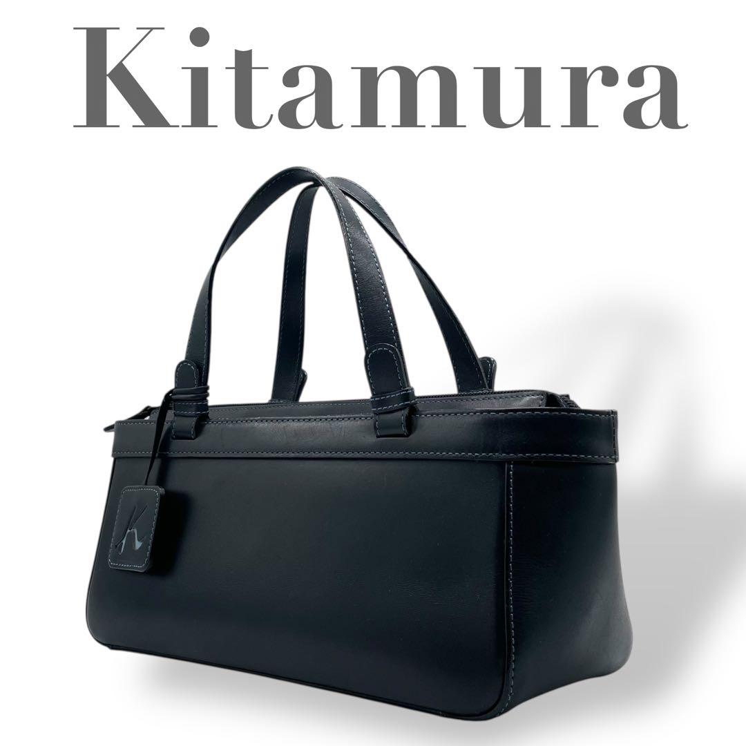 Kitamura キタムラ☆ロゴ チャーム 横長 ハンドバッグ レザー ブラック