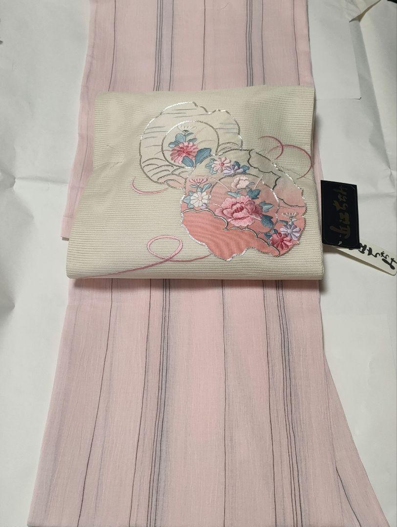 夏着物　新品　近江ちぢみ着物 　浴衣　桃