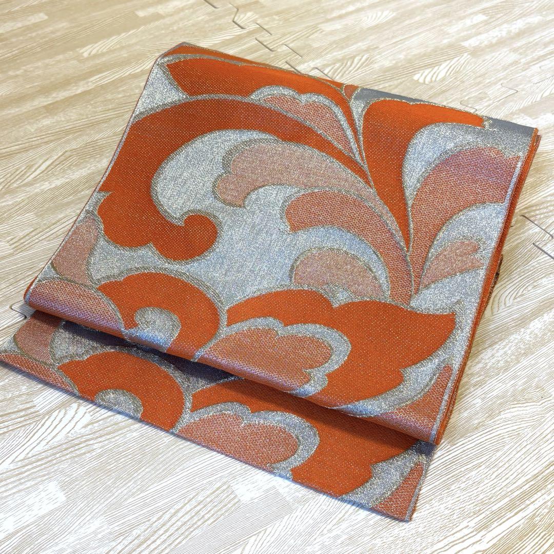 【美品】名古屋帯 名古屋仕立て 全通 現代風唐草 朱色 赤 金