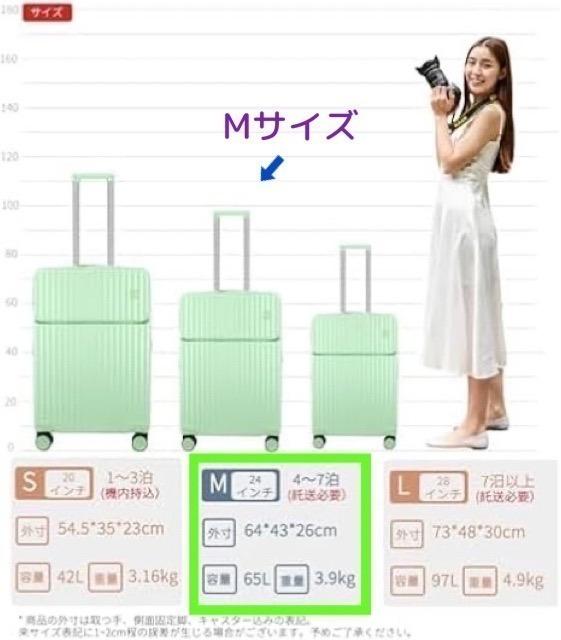 キャリーケース 4～7泊 フロントオープン 65L 可愛い グリーン M